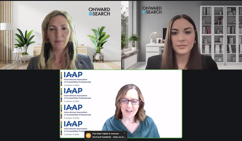 Picture of Kate O'Connor, VP of Onward Accessibility, speaking on a Zoom webinar for the IAAP.