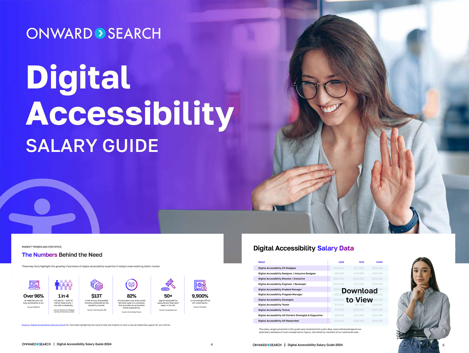 Onward Search's Digital Accessibility Salary Guide promo. Covers UX, trainer, & manager salaries. Download for full guide.